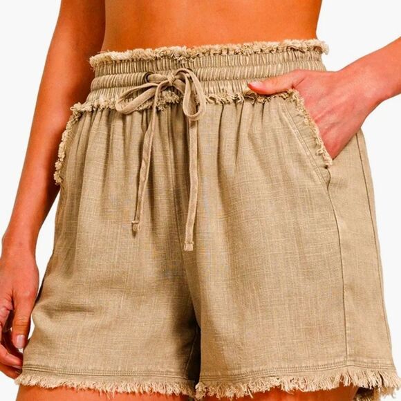 Zenana Brown Tan Drawstring Elastic Waist Linen Blend Raw Hem Pants Size M - Picture 3 of 8